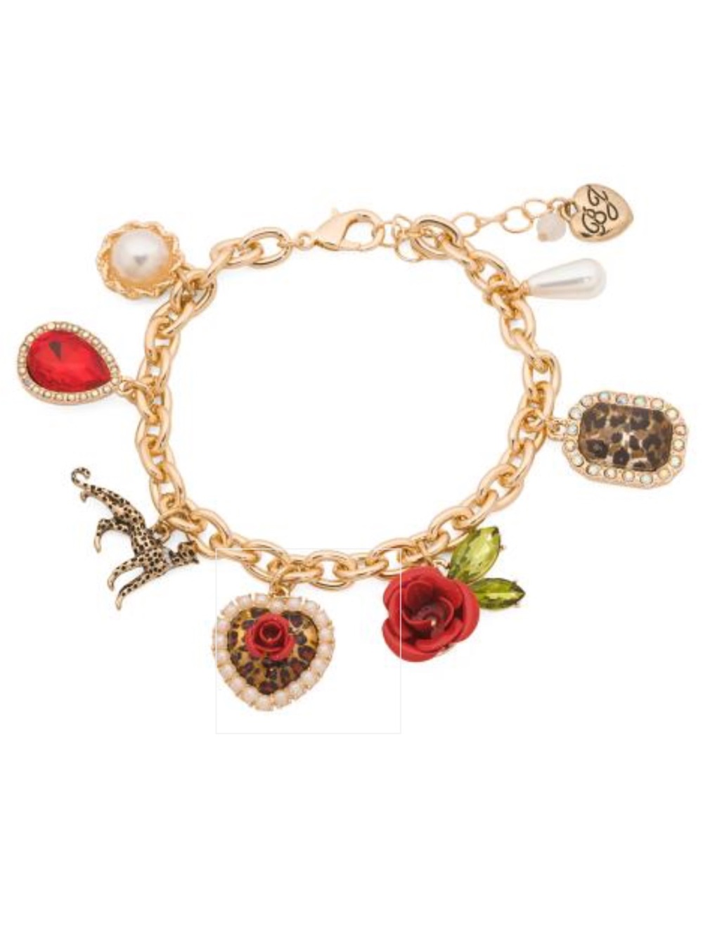 Betsey Johnson Leopard & Red Rose Multi Charm Bracelet New